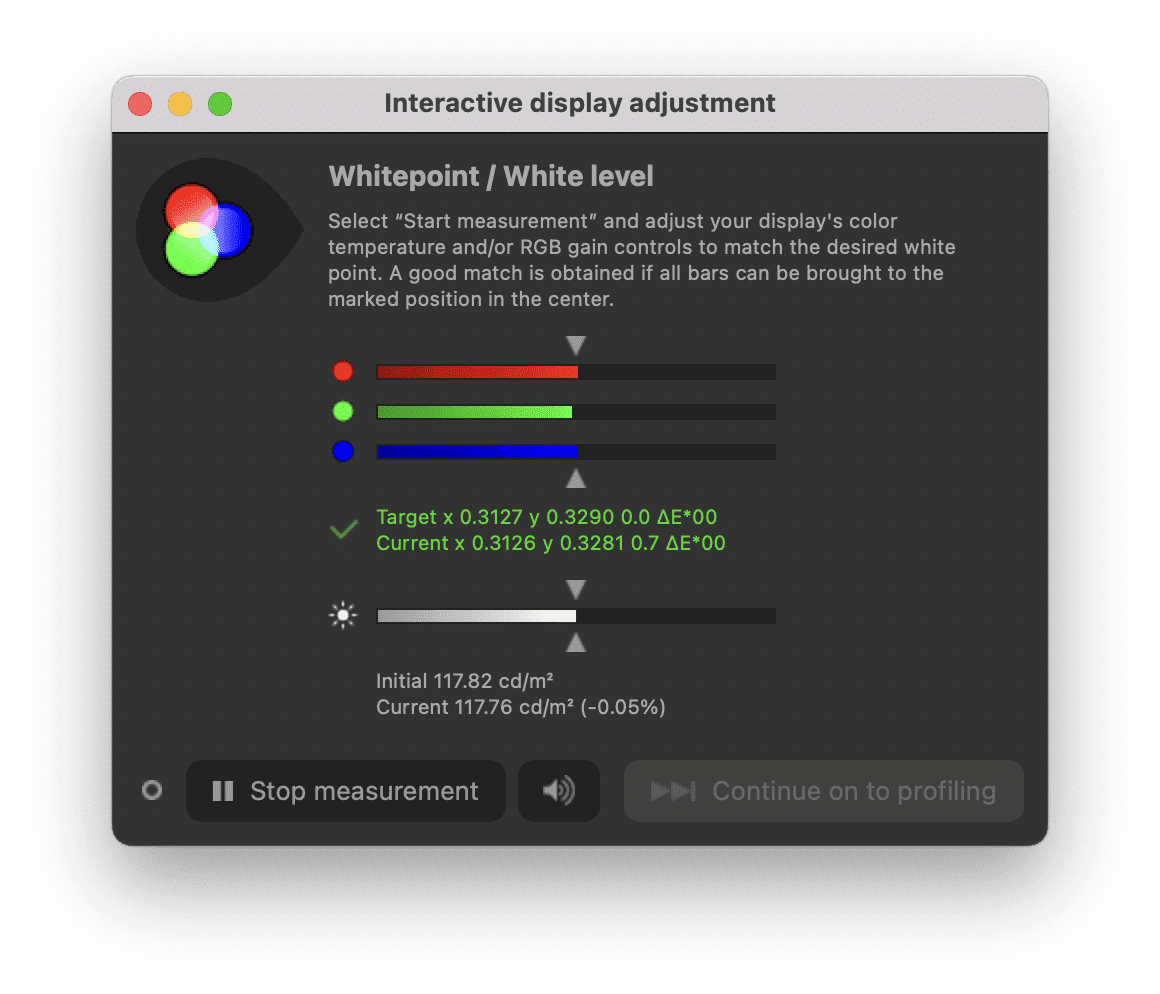 an interactive display adjustment interface showing color calibration options it includes a color balance section with red green and blue bars for adjustments along with current and target values for white point digital production An interactive display adjustment interface showing color calibration options. It includes a color balance section with red, green, and blue bars for adjustments, along with current and target values for white point.