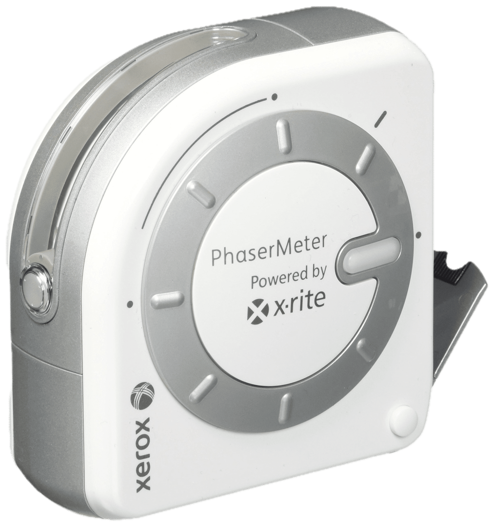 a white and gray color measurement device known as phasermeter designed for color calibration with a round dial and button resting on a flat surface digital production A white and gray color measurement device, known as PhaserMeter, designed for color calibration, with a round dial and button, resting on a flat surface.