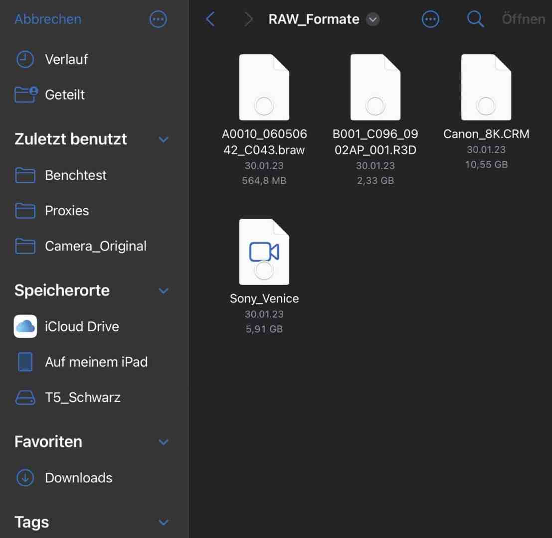 a file management interface displaying a list of recently used files and storage locations the folder named rawformate contains various file types including braw and r3d along with storage options like icloud drive and local device details include file sizes and dates digital production A file management interface displaying a list of recently used files and storage locations. The folder named 'RAW_Formate' contains various file types, including .braw and .r3d, along with storage options like iCloud Drive and local device. Details include file sizes and dates.