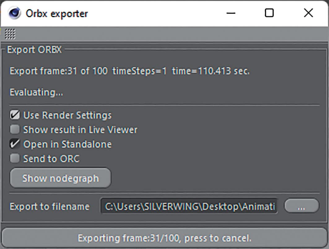 a screenshot of the orbx exporter interface displaying export settings it shows options like use render settings show result in live viewer and the file export path the status indicates export frame 31 of 100 digital production A screenshot of the Orbx exporter interface displaying export settings. It shows options like 'Use Render Settings', 'Show result in Live Viewer', and the file export path. The status indicates 'Export frame: 31 of 100'.