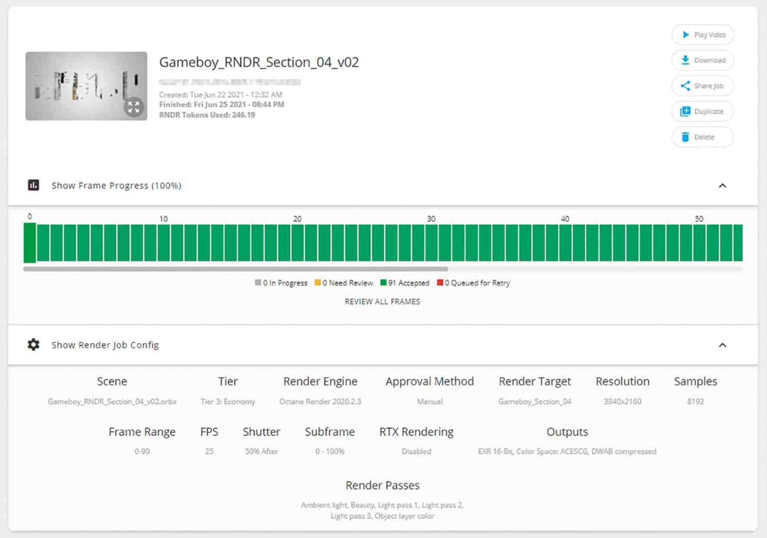 a rendering progress interface showing a thumbnail of a game boy design below a progress bar indicates the rendering status with multiple green segments render job configuration details such as frame range and resolution are visible digital production A rendering progress interface showing a thumbnail of a Game Boy design. Below, a progress bar indicates the rendering status with multiple green segments. Render job configuration details such as frame range and resolution are visible.