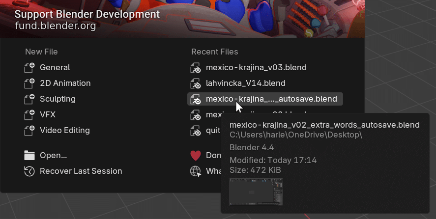 screenshot of the blender interface showing recent files including mexicokrajinav03blend and mexicokrajinaautosaveblend the interface includes options for new file creation and links to blender support digital production Screenshot of the Blender interface showing recent files, including 'mexico-krajina_v03.blend' and 'mexico-krajina_--_autosave.blend'. The interface includes options for new file creation and links to Blender support.