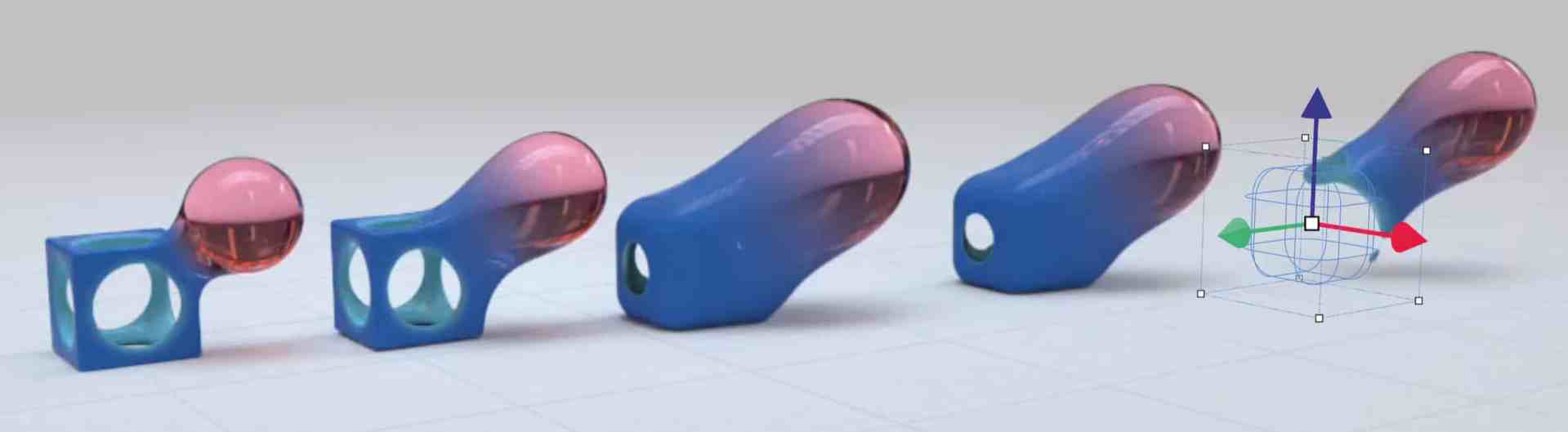 a series of four 3d shapes displayed from left to right featuring a cube with a hole followed by progressively elongated blue shapes with pink ends a 3d coordinate axis is shown next to the last shape digital production A series of four 3D shapes displayed from left to right, featuring a cube with a hole, followed by progressively elongated blue shapes with pink ends. A 3D coordinate axis is shown next to the last shape.