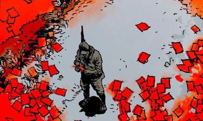 a soldier standing alone in a desolate landscape surrounded by scattered red squares on a gray background the atmosphere is stark and contrasts between the dark figure and the bright colors digital production A soldier standing alone in a desolate landscape surrounded by scattered red squares on a gray background. The atmosphere is stark and contrasts between the dark figure and the bright colors.