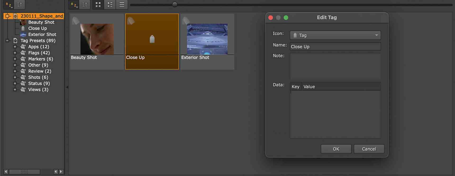 a user interface showing a media management software with three thumbnails labeled beauty shot close up and exterior shot a dialog box for editing a tag titled close up is open on the right side of the screen digital production A user interface showing a media management software with three thumbnails labeled 'Beauty Shot,' 'Close Up,' and 'Exterior Shot.' A dialog box for editing a tag titled 'Close Up' is open on the right side of the screen.