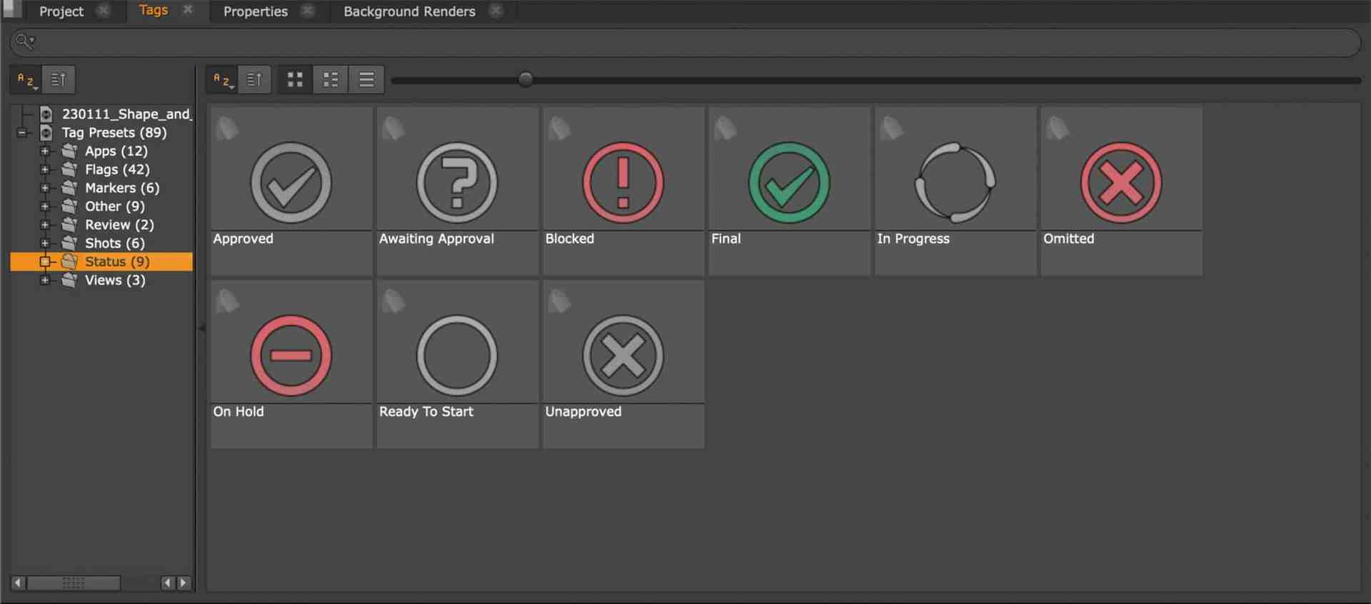 user interface displaying a grid of status indicators icons include approved awaiting approval blocked final in progress omitted on hold ready to start and unsapproved each marked with corresponding symbols the background is dark gray digital production User interface displaying a grid of status indicators. Icons include Approved, Awaiting Approval, Blocked, Final, In Progress, Omitted, On Hold, Ready To Start, and Unsapproved, each marked with corresponding symbols. The background is dark gray.