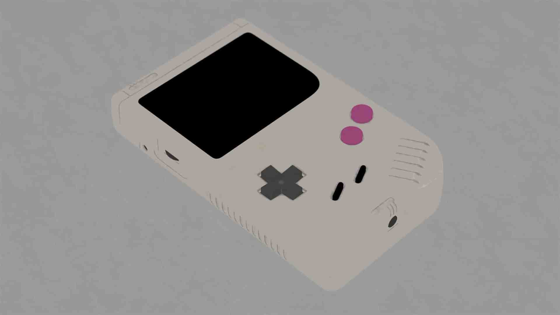 an illustration of a white handheld gaming console featuring a black screen two pink buttons and a black directional pad placed on a light gray background digital production An illustration of a white handheld gaming console featuring a black screen, two pink buttons, and a black directional pad, placed on a light gray background.