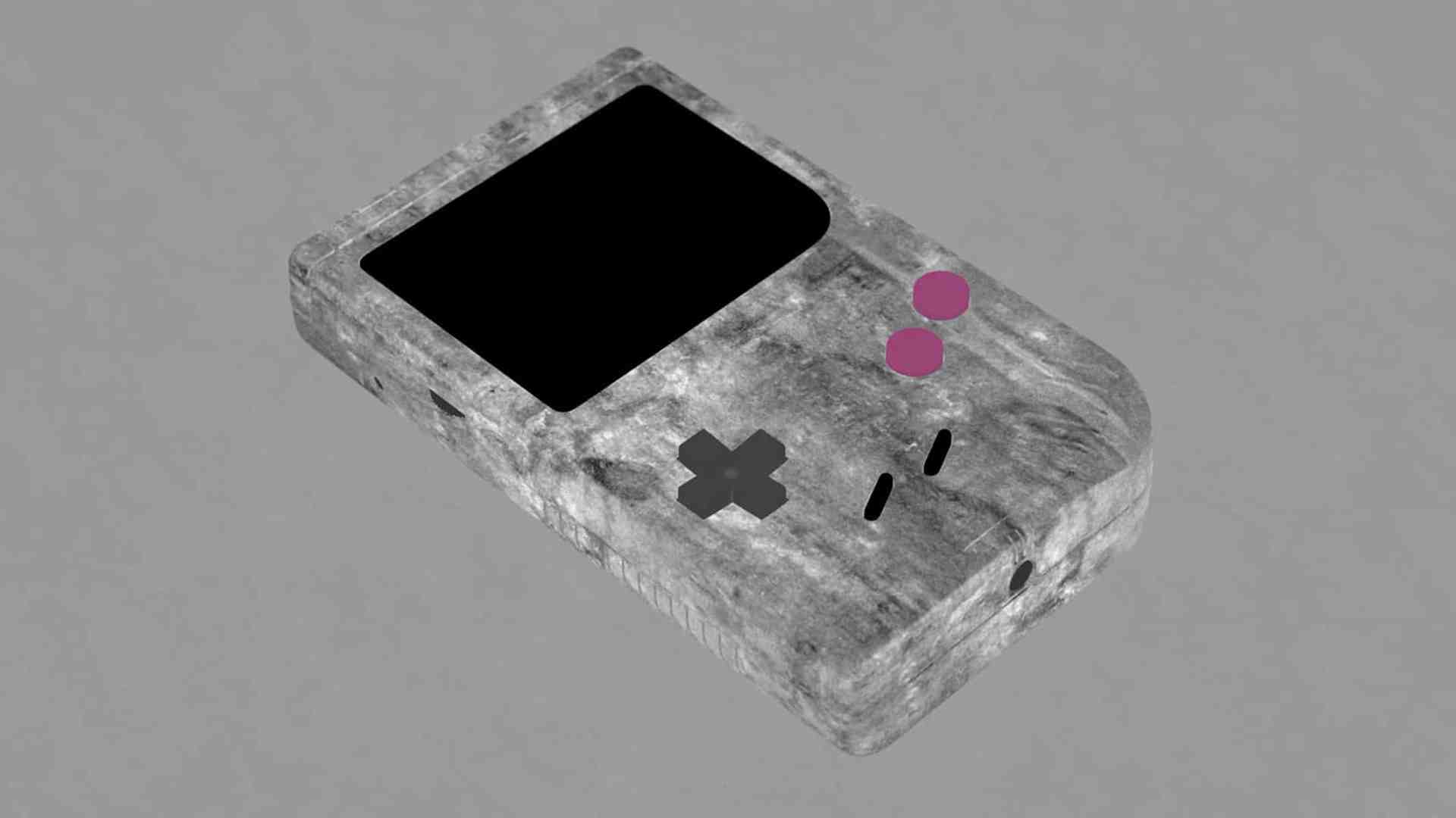 a gray stonelike handheld gaming console with a black screen and two pink buttons on the right side the console has a plusshaped joystick and other controls on the front digital production A gray stone-like handheld gaming console with a black screen and two pink buttons on the right side. The console has a plus-shaped joystick and other controls on the front.