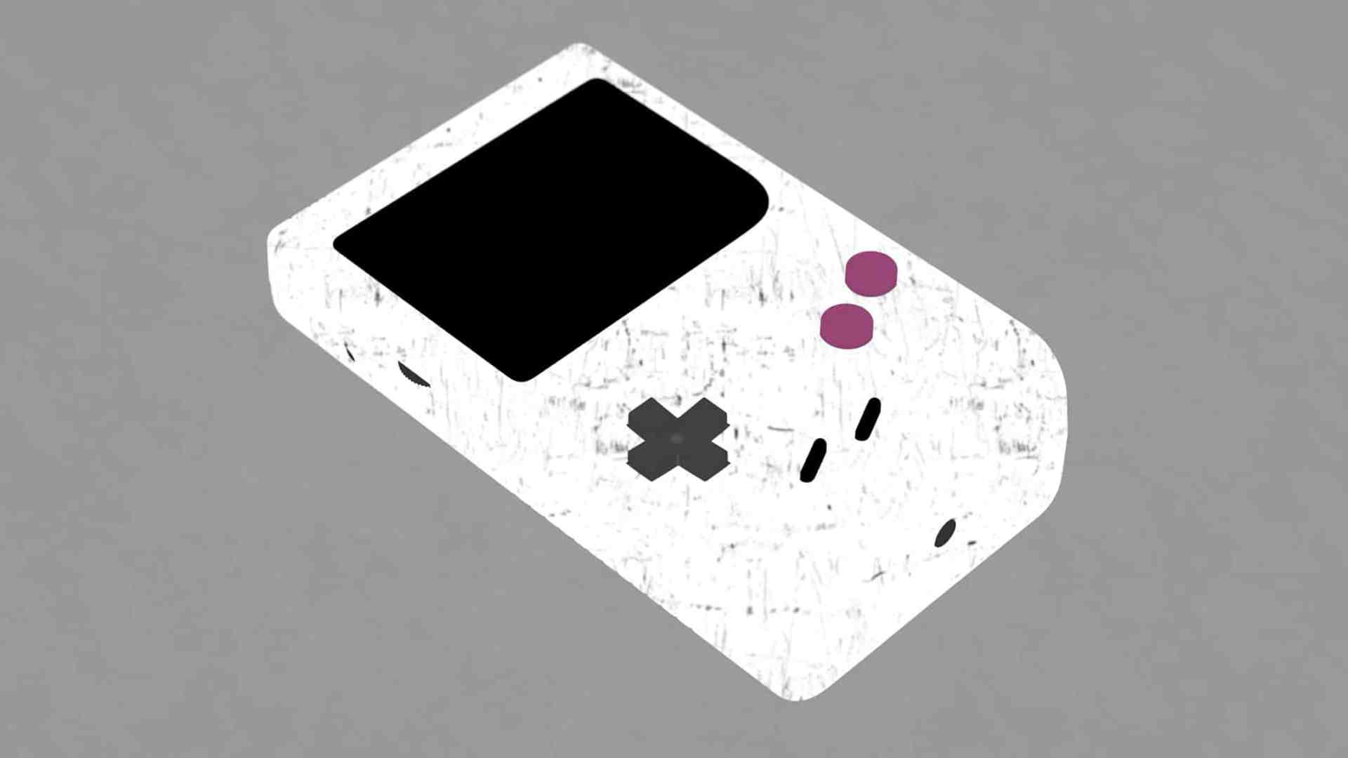 illustration of a vintage handheld gaming console in white with a black screen and purple buttons displayed against a gray background digital production Illustration of a vintage handheld gaming console in white with a black screen and purple buttons, displayed against a gray background.