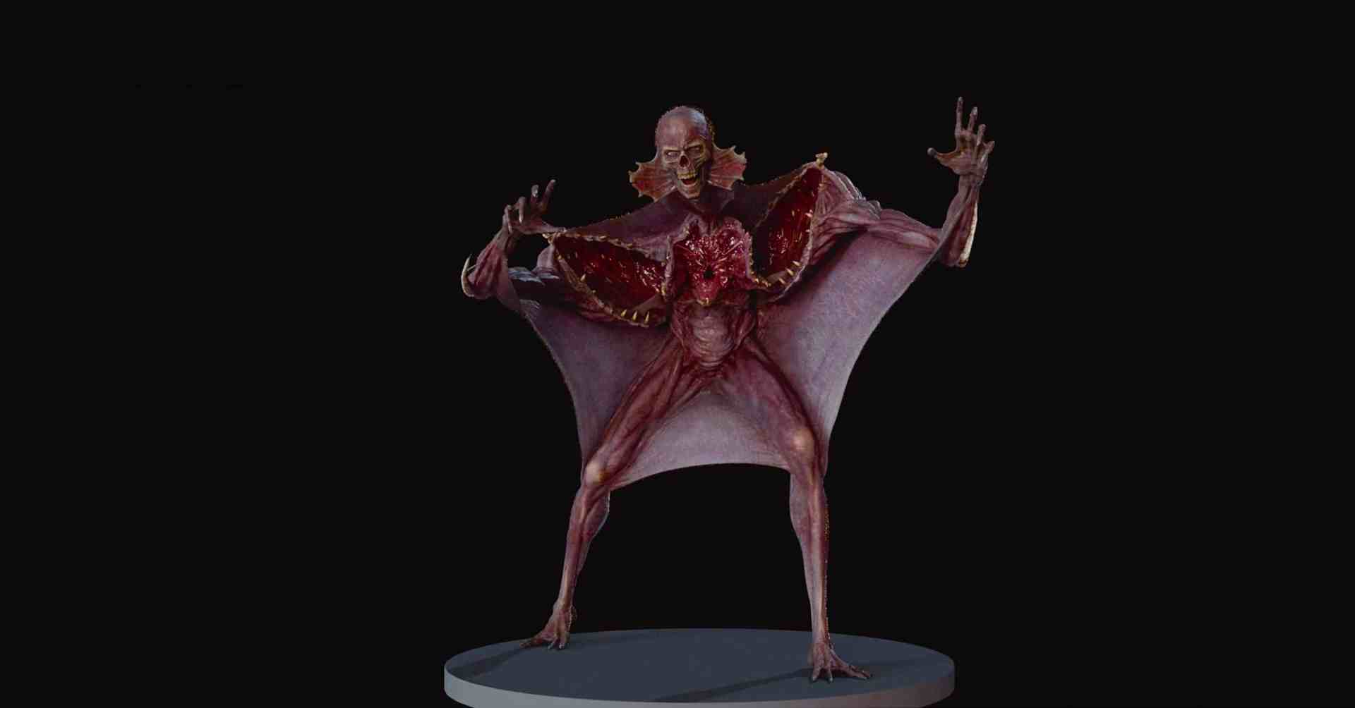 a stylized creature with humanoid features and large batlike wings standing on a circular pedestal against a dark background the skin is textured and includes detailed anatomical features digital production A stylized creature with humanoid features and large bat-like wings, standing on a circular pedestal against a dark background. The skin is textured and includes detailed anatomical features.