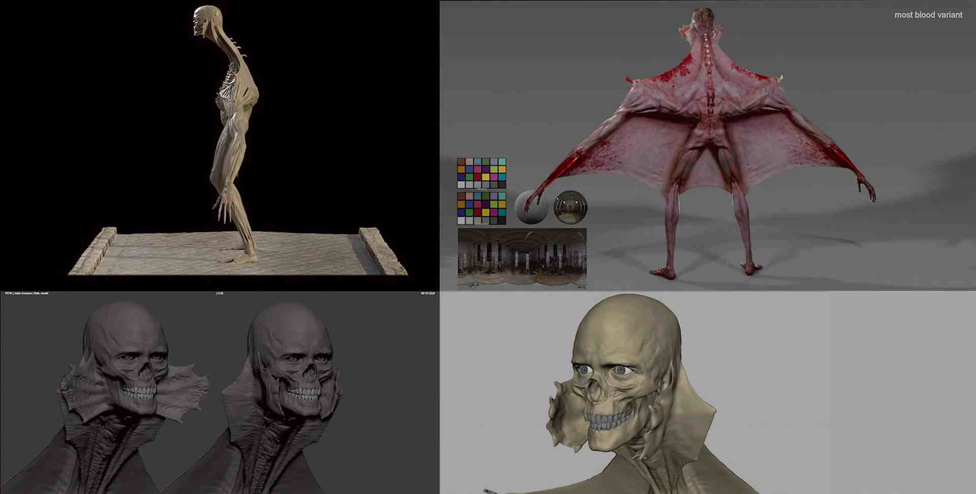 a collage showing four 3d model renderings a skeletal figure standing on a platform a creature with winglike appendages two views of a skulllike head and a humanoid figure with a skull face each model showcases intricate details digital production A collage showing four 3D model renderings: a skeletal figure standing on a platform, a creature with wing-like appendages, two views of a skull-like head, and a humanoid figure with a skull face. Each model showcases intricate details.