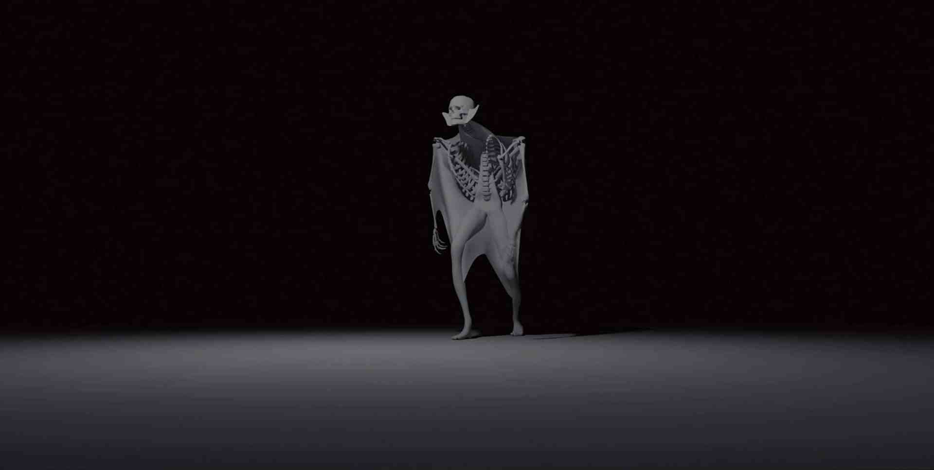 a slender humanoid figure with elongated limbs and a pale appearance standing in a dark environment illuminated by a faint source of light from below digital production A slender humanoid figure with elongated limbs and a pale appearance standing in a dark environment, illuminated by a faint source of light from below.