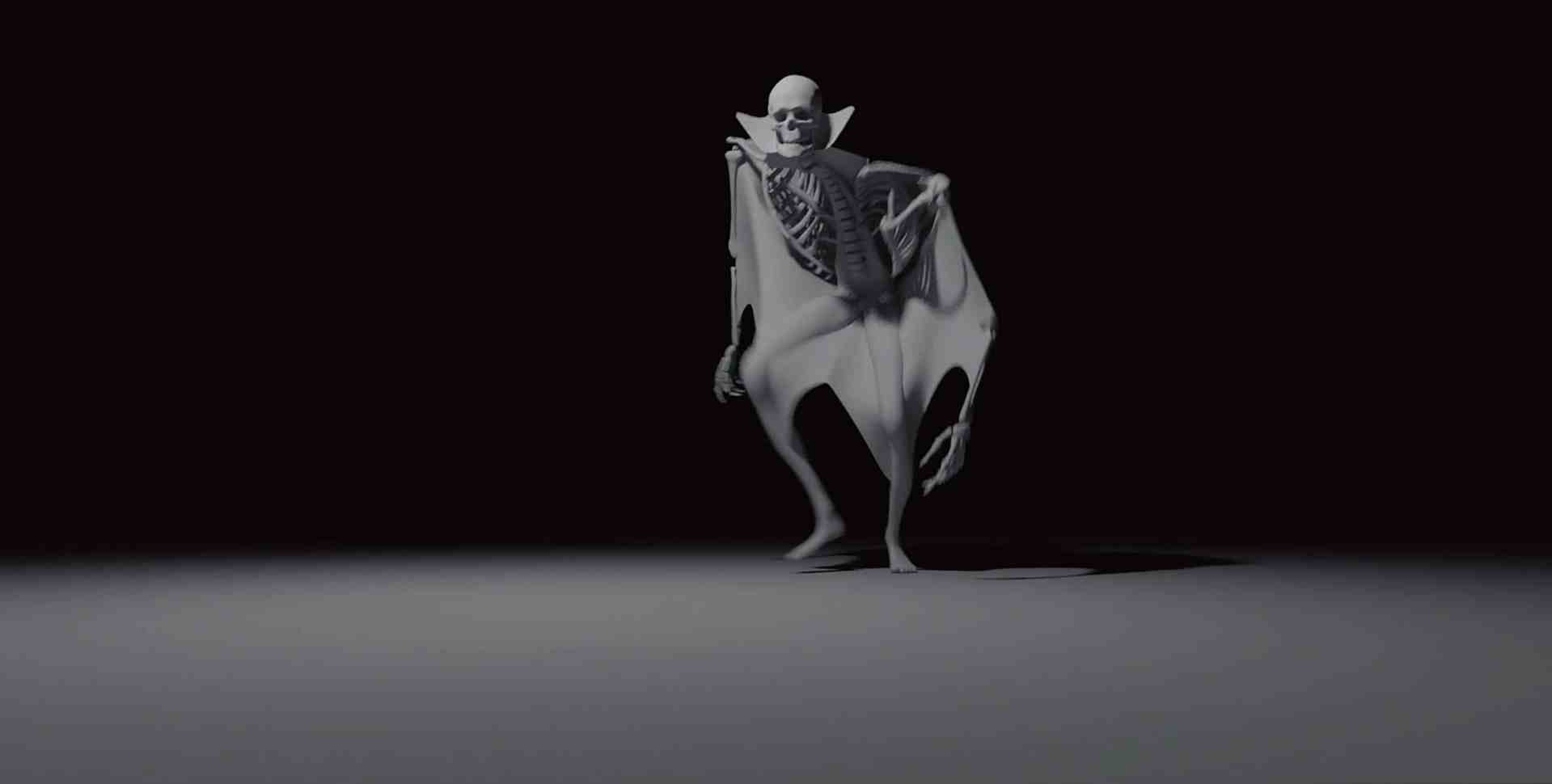 a stylized skeleton figure in a dark background with batlike wings and a mischievous expression posed as if walking towards the viewer the setting is minimalist with soft lighting creating shadows digital production A stylized skeleton figure in a dark background, with bat-like wings and a mischievous expression, posed as if walking towards the viewer. The setting is minimalist with soft lighting creating shadows.