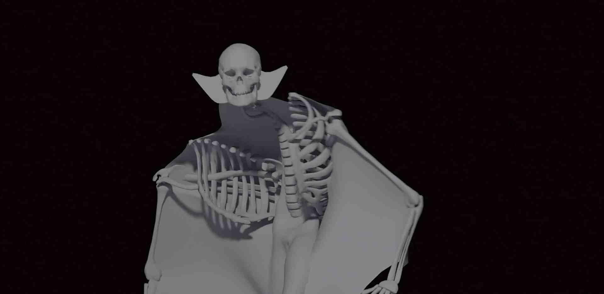 a 3d rendering of a skeletal figure wearing a cape posed in an upright position against a black background showcasing an artistic depiction of bones and structure digital production A 3D rendering of a skeletal figure wearing a cape, posed in an upright position against a black background, showcasing an artistic depiction of bones and structure.