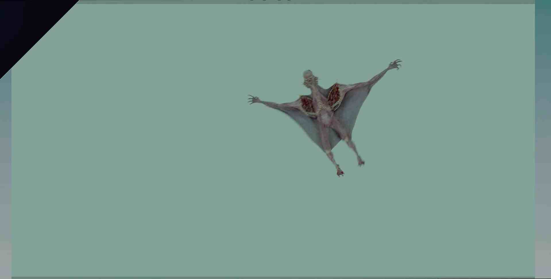 a stylized humanoid figure with batlike wings suspended in midair against a solid pastel green background the figure has visible skeletal features and appears to be soaring digital production A stylized, humanoid figure with bat-like wings, suspended in mid-air against a solid pastel green background. The figure has visible skeletal features and appears to be soaring.