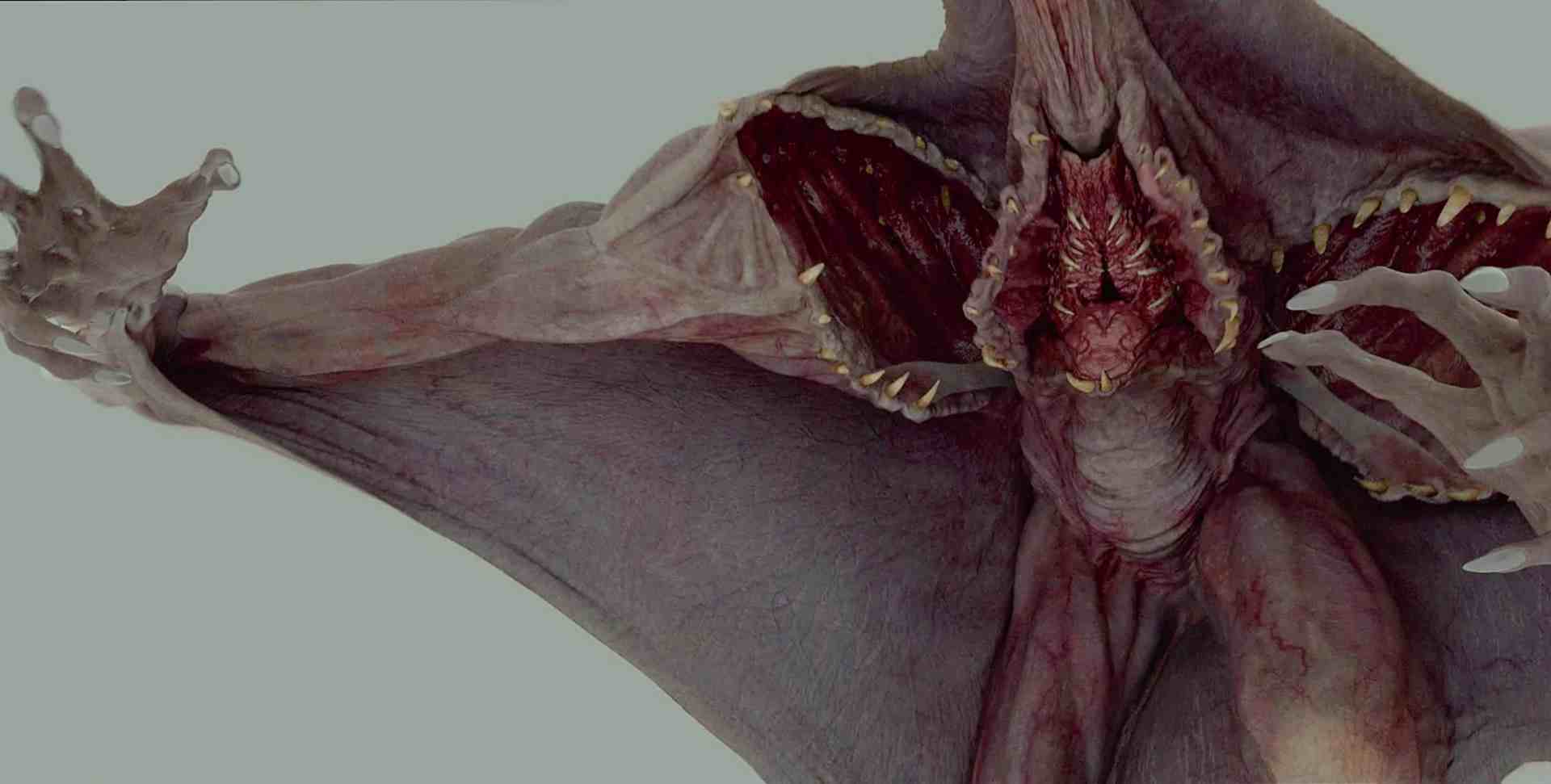 a large fantastical creature with a grotesque appearance featuring elongated limbs a wide wingspan and sharp teeth visible in an open mouth the creature has a pale textured skin with dark accents it is shown reaching out with one hand while its wings fan out behind it digital production A large, fantastical creature with a grotesque appearance, featuring elongated limbs, a wide wingspan, and sharp teeth visible in an open mouth. The creature has a pale, textured skin with dark accents. It is shown reaching out with one hand while its wings fan out behind it.