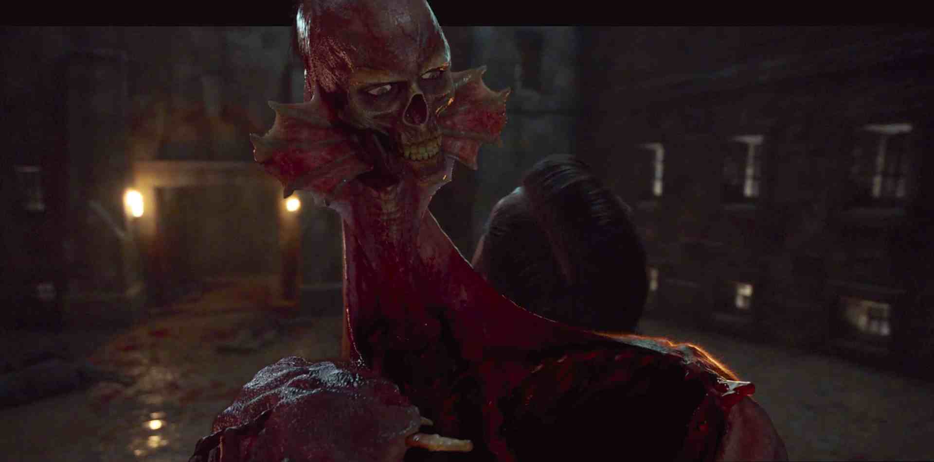 a digital rendering of a skeletal figure with a grotesque facial expression and an exposed torso set against a dimly lit grim background suggesting an unsettling location the environment features stone walls and scattered debris digital production A digital rendering of a skeletal figure with a grotesque facial expression and an exposed torso, set against a dimly lit, grim background suggesting an unsettling location. The environment features stone walls and scattered debris.