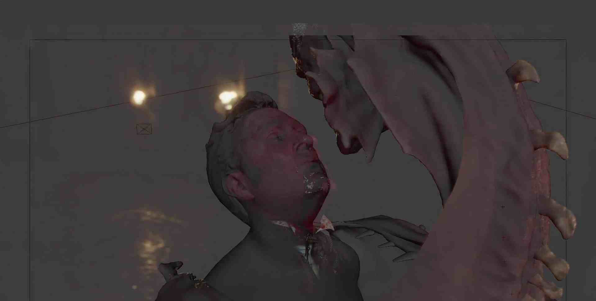 a 3d rendered scene showing a man facing a creature with humanoid features and elongated limbs in a dimly lit environment the expression on the mans face suggests tension while the creatures mouth is open creating an intense atmosphere digital production A 3D rendered scene showing a man facing a creature with humanoid features and elongated limbs in a dimly lit environment. The expression on the man's face suggests tension, while the creature's mouth is open, creating an intense atmosphere.