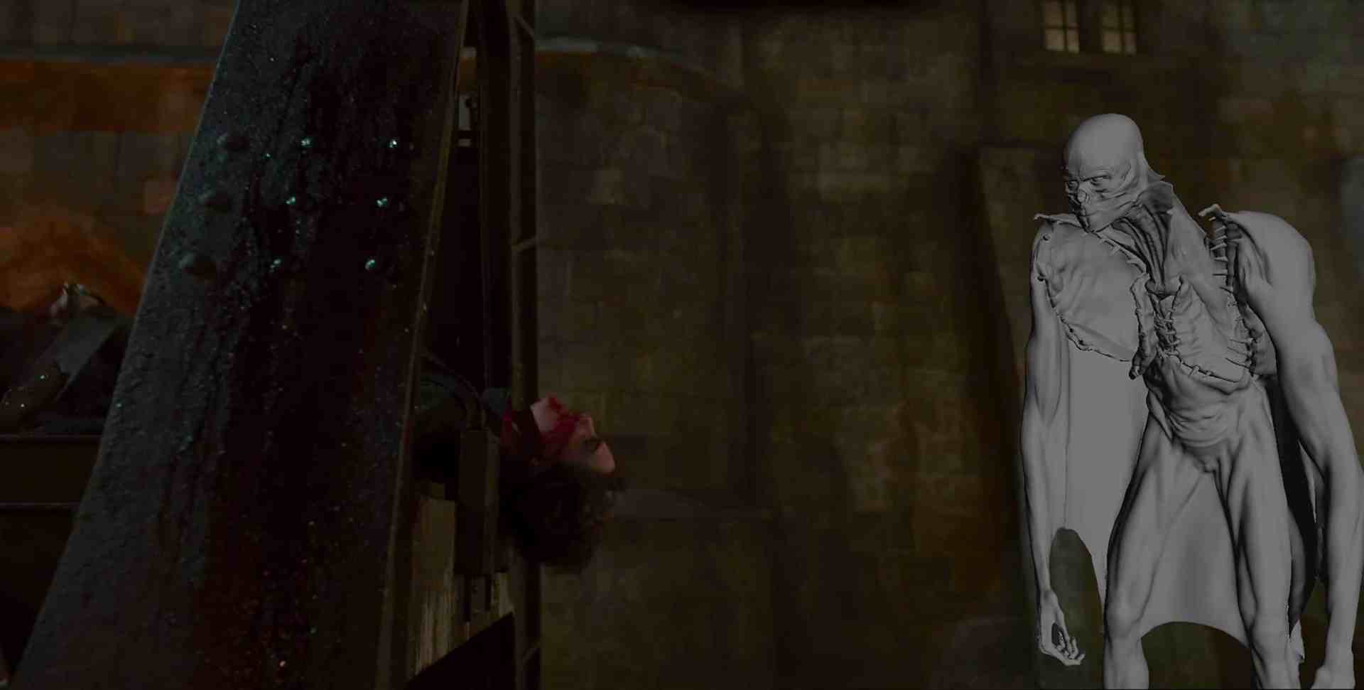 a ghostly skeletal figure stands beside a dark bloodstained wooden structure with a lifeless body hanging from it the setting is a shadowy castle interior with stone walls and a faint light visible digital production A ghostly, skeletal figure stands beside a dark, blood-stained wooden structure, with a lifeless body hanging from it. The setting is a shadowy castle interior, with stone walls and a faint light visible.