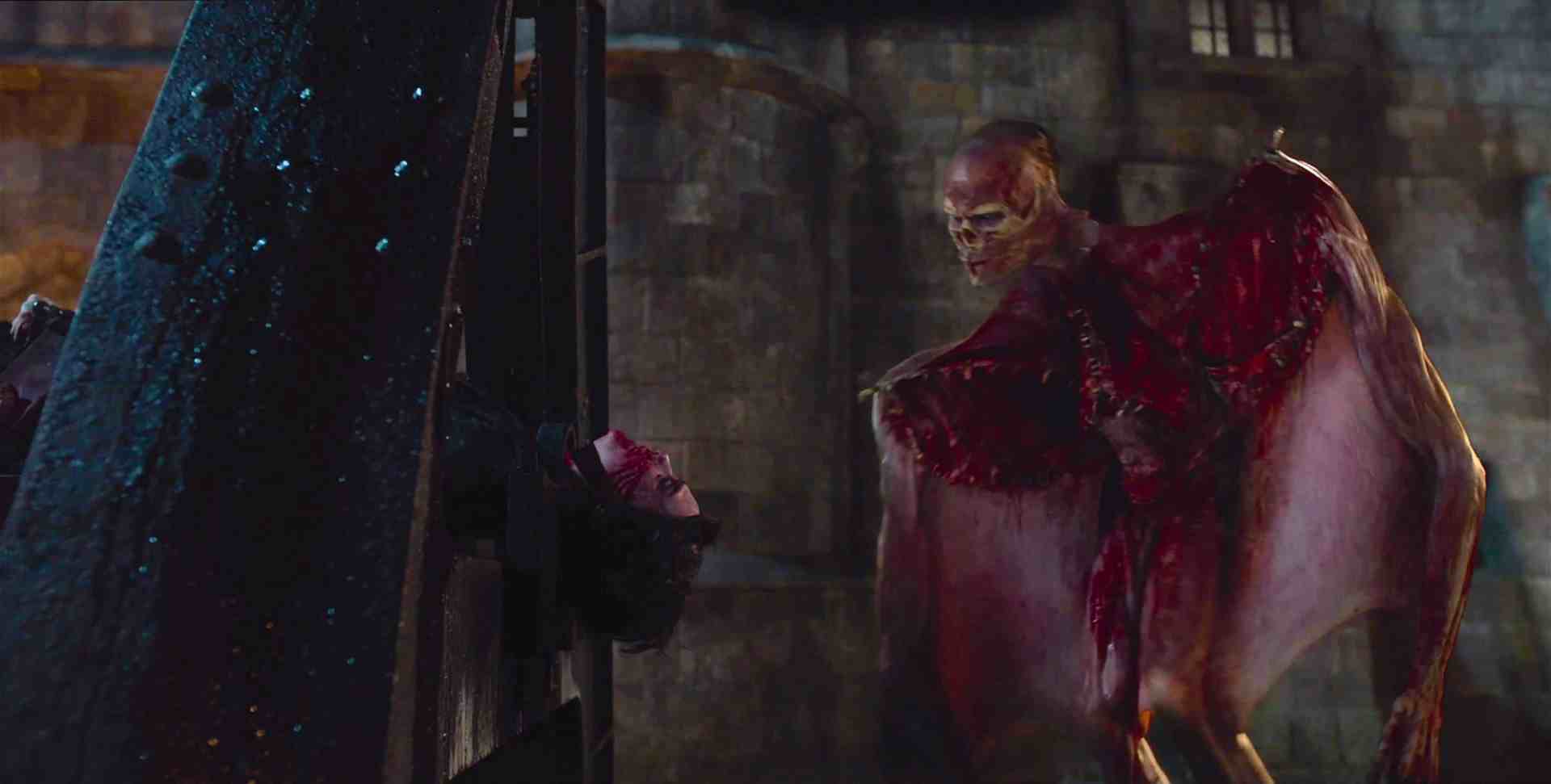 a creature with skeletal features and large batlike wings depicted in a dark medieval setting with stone walls in the background the creature appears to be poised for flight emphasizing its ominous presence digital production A creature with skeletal features and large bat-like wings, depicted in a dark, medieval setting with stone walls in the background. The creature appears to be poised for flight, emphasizing its ominous presence.