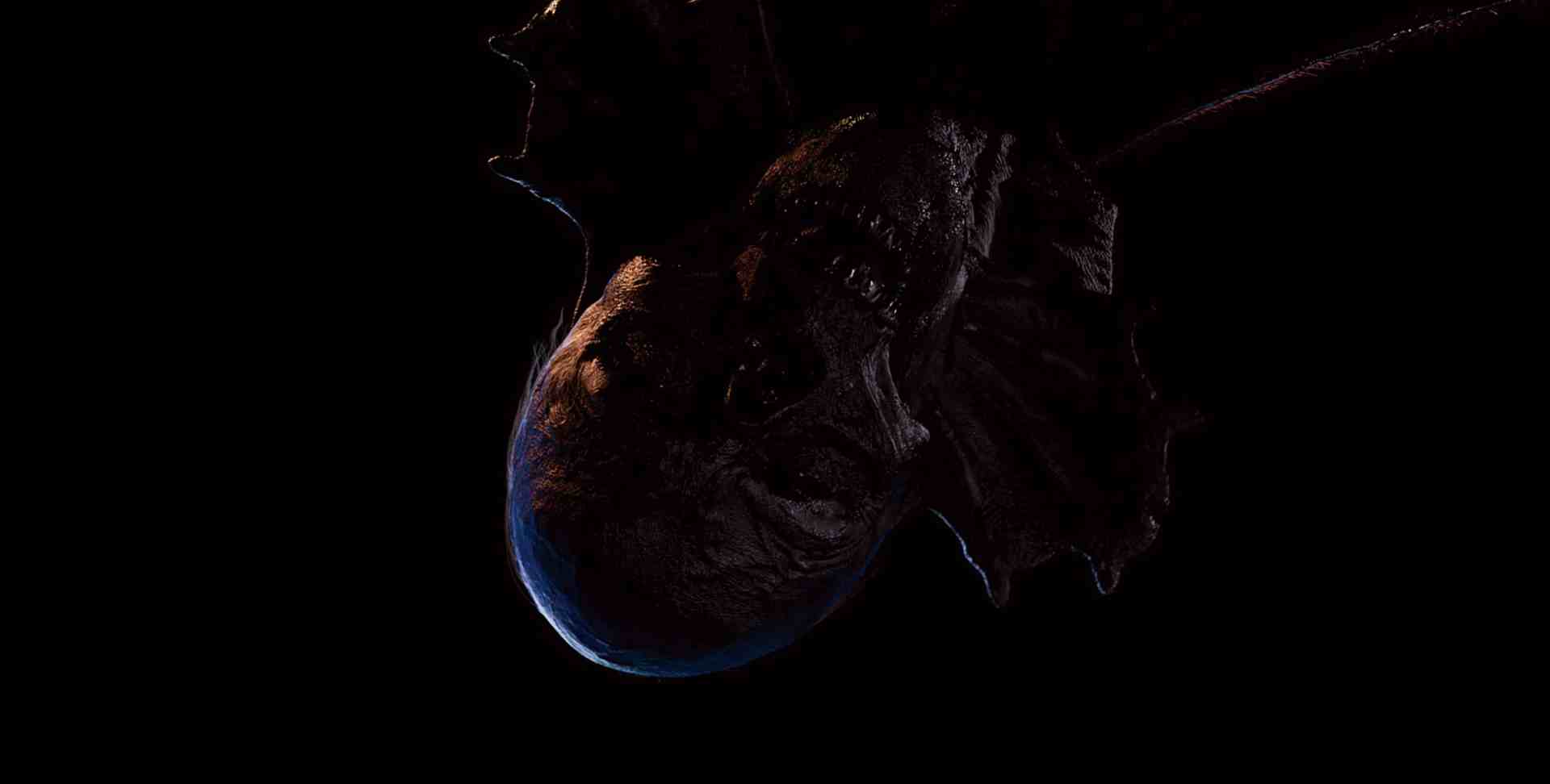 a dark surreal underwater scene featuring a large fish resembling a deepsea creature looming over a small representation of earth which appears blue against a black background digital production A dark, surreal underwater scene featuring a large fish resembling a deep-sea creature, looming over a small representation of Earth, which appears blue against a black background.