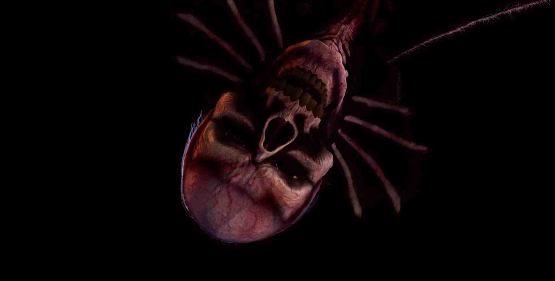 a stylized grim face with hollow eyes and dark features resembling a skull suspended against a black background the design includes elongated spindly shapes suggesting a creepy atmosphere digital production A stylized grim face with hollow eyes and dark features, resembling a skull, suspended against a black background. The design includes elongated, spindly shapes suggesting a creepy atmosphere.