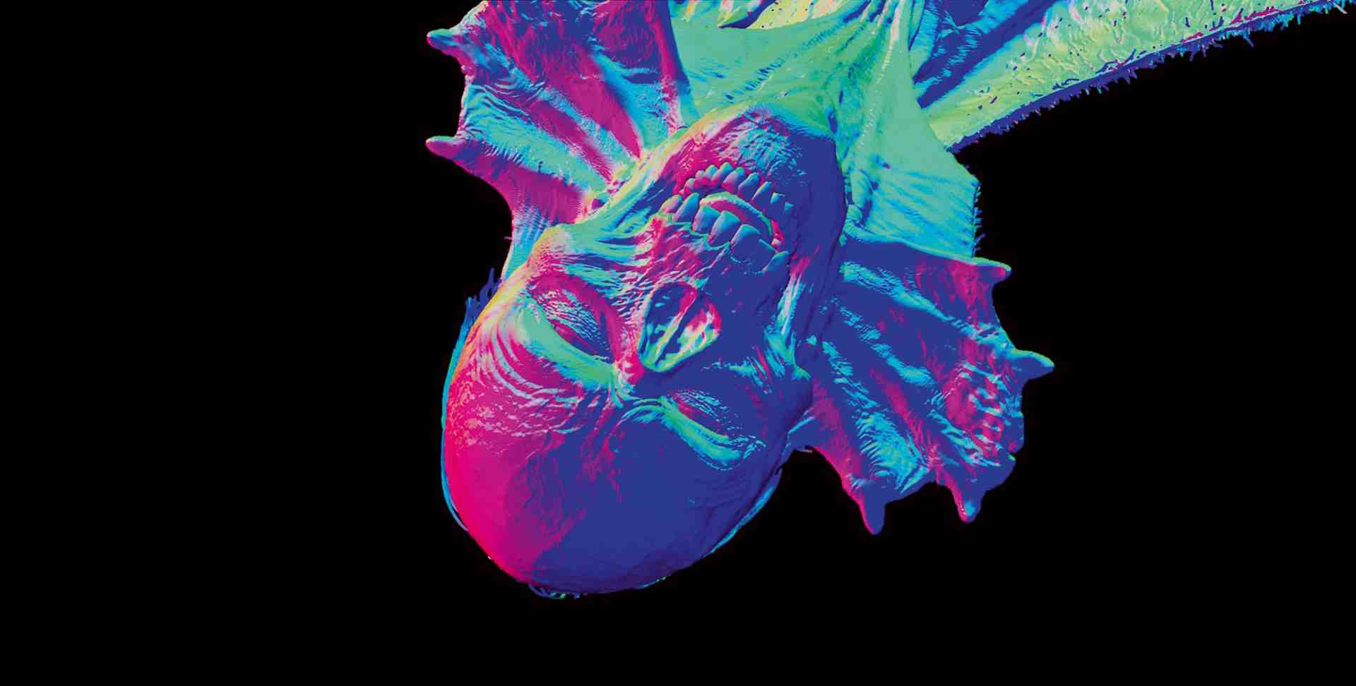 a colorful abstract representation of an alien figure with exaggerated features set against a black background the figure is depicted in vibrant shades of pink and blue emphasizing its unusual form digital production A colorful abstract representation of an alien figure with exaggerated features, set against a black background. The figure is depicted in vibrant shades of pink and blue, emphasizing its unusual form.