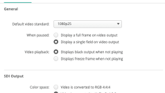 screenshot of the ultrastudio monitor 3g video output settings displaying options for default video standard output behavior when paused video playback settings and sdi output configurations including color space and formats digital production Screenshot of the UltraStudio Monitor 3G video output settings, displaying options for default video standard, output behavior when paused, video playback settings, and SDI output configurations including color space and formats.