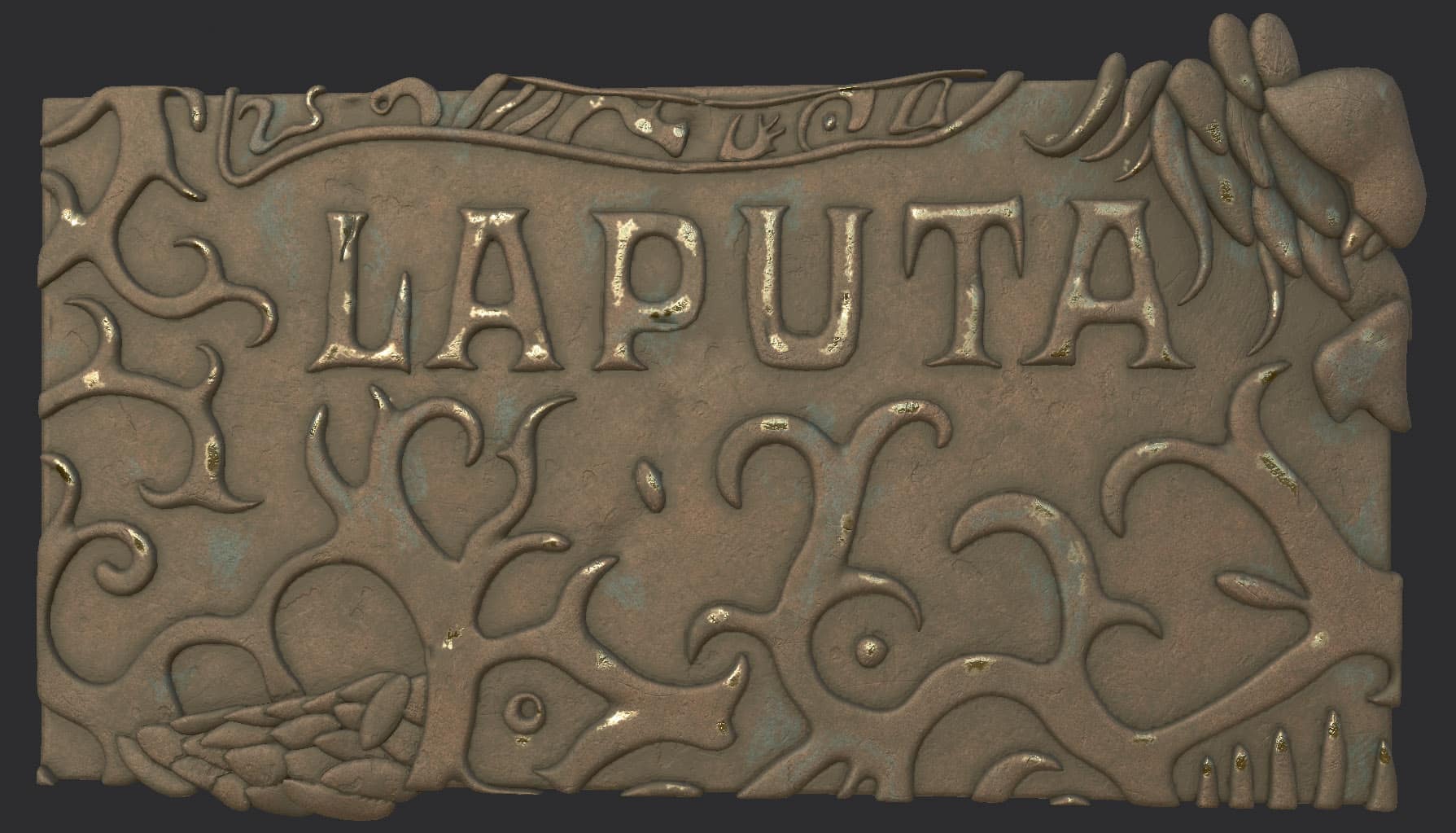 a bronze plaque engraved with the word laputa surrounded by intricate floral and animal designs the plaque features a textured surface and detailed craftsmanship digital production A bronze plaque engraved with the word 'LAPUTA', surrounded by intricate floral and animal designs. The plaque features a textured surface and detailed craftsmanship.