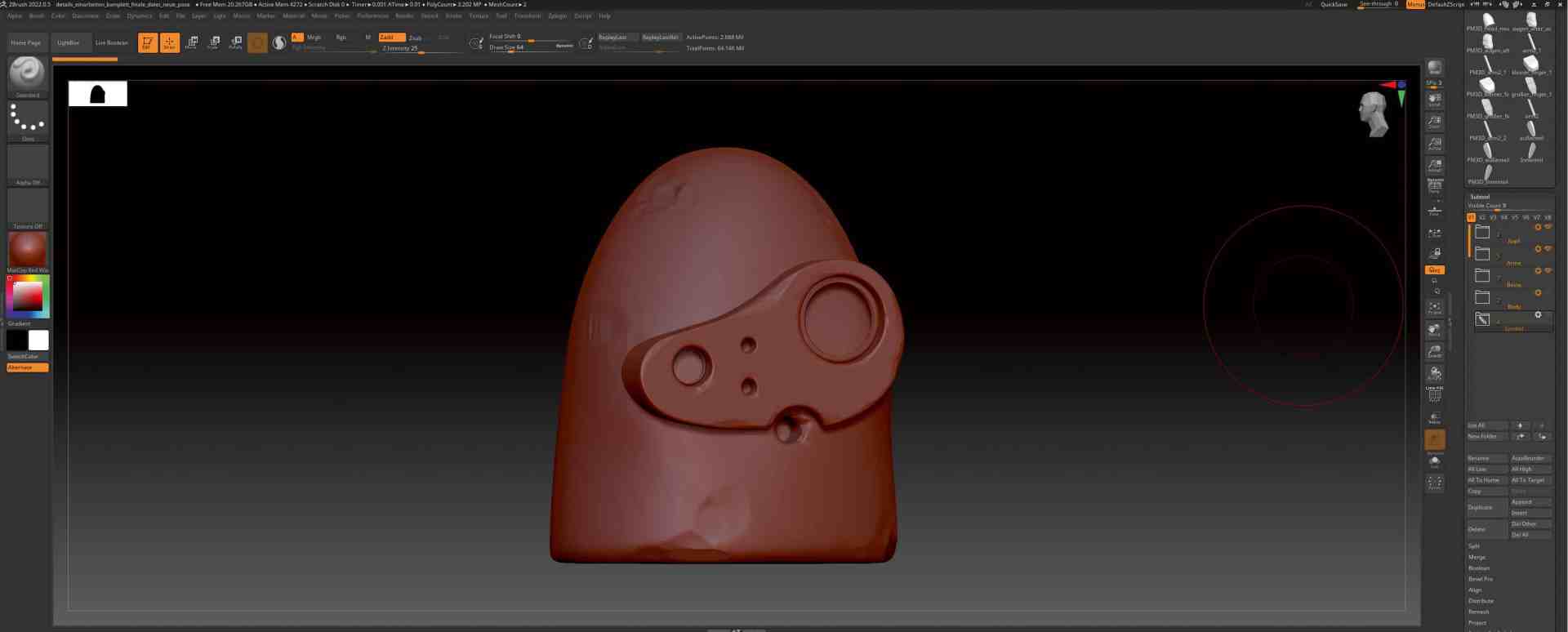 a 3d model of a rounded object resembling a cartoonish character showing a prominent eye and mouth design the background is dark highlighting the redbrown color of the model the interface of a digital sculpting software is visible around the object digital production A 3D model of a rounded object resembling a cartoonish character, showing a prominent eye and mouth design. The background is dark, highlighting the red-brown color of the model. The interface of a digital sculpting software is visible around the object.