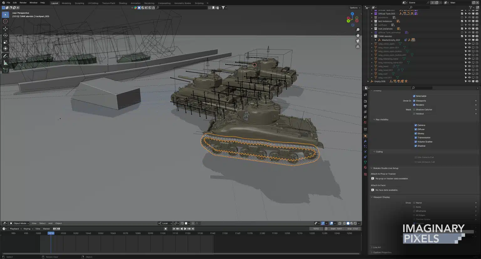 a 3d modeling software interface displaying a tank model with a lowpoly mesh surrounded by wireframe structures various editing tools are visible on the right side panel digital production A 3D modeling software interface displaying a tank model with a low-poly mesh, surrounded by wireframe structures. Various editing tools are visible on the right side panel.