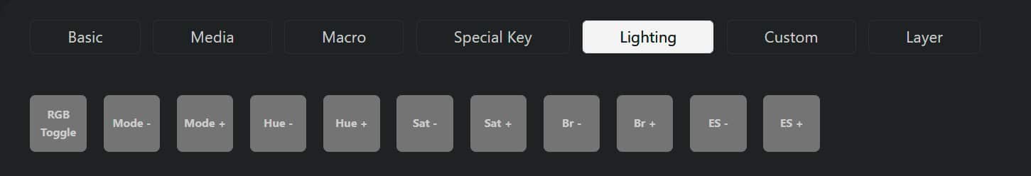 a user interface displaying tabs labeled basic media macro special key lighting custom and layer at the top with grey buttons below labeled rgb toggle mode 1 mode 2 mode 3 set 1 set 2 and a few additional options digital production A user interface displaying tabs labeled Basic, Media, Macro, Special Key, Lighting, Custom, and Layer at the top, with grey buttons below labeled RGB Toggle, Mode 1, Mode 2, Mode 3, Set 1, Set 2, and a few additional options.
