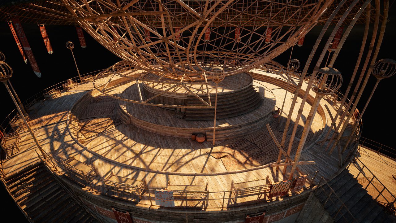 a detailed view of a wooden structure featuring circular platforms stairs and supporting beams illuminated by soft lighting the design showcases intricate shadows and a warm color palette creating a rich visual texture digital production A detailed view of a wooden structure featuring circular platforms, stairs, and supporting beams, illuminated by soft lighting. The design showcases intricate shadows and a warm color palette, creating a rich visual texture.