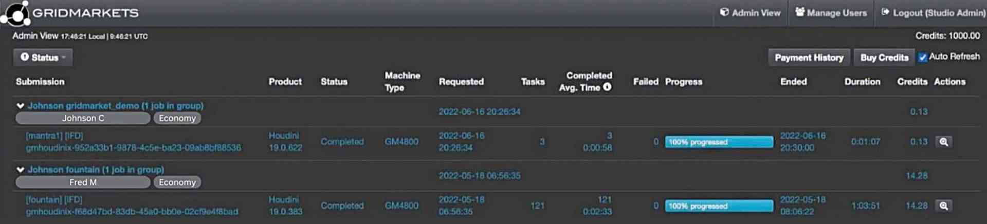 a screenshot of a digital platform showing submitted tasks with columns for product name status requested date team estimated completion time and credits two completed tasks are highlighted with their details visible digital production A screenshot of a digital platform showing submitted tasks with columns for product name, status, requested date, team, estimated completion time, and credits. Two completed tasks are highlighted with their details visible.