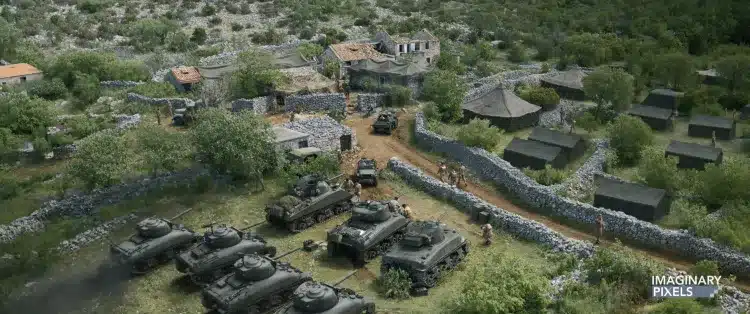 an aerial view of a military compound with several tanks parked on a dirt path surrounded by stone walls and green vegetation buildings and tents are scattered within the area with vehicles and personnel visible in the scene digital production An aerial view of a military compound with several tanks parked on a dirt path surrounded by stone walls and green vegetation. Buildings and tents are scattered within the area, with vehicles and personnel visible in the scene.