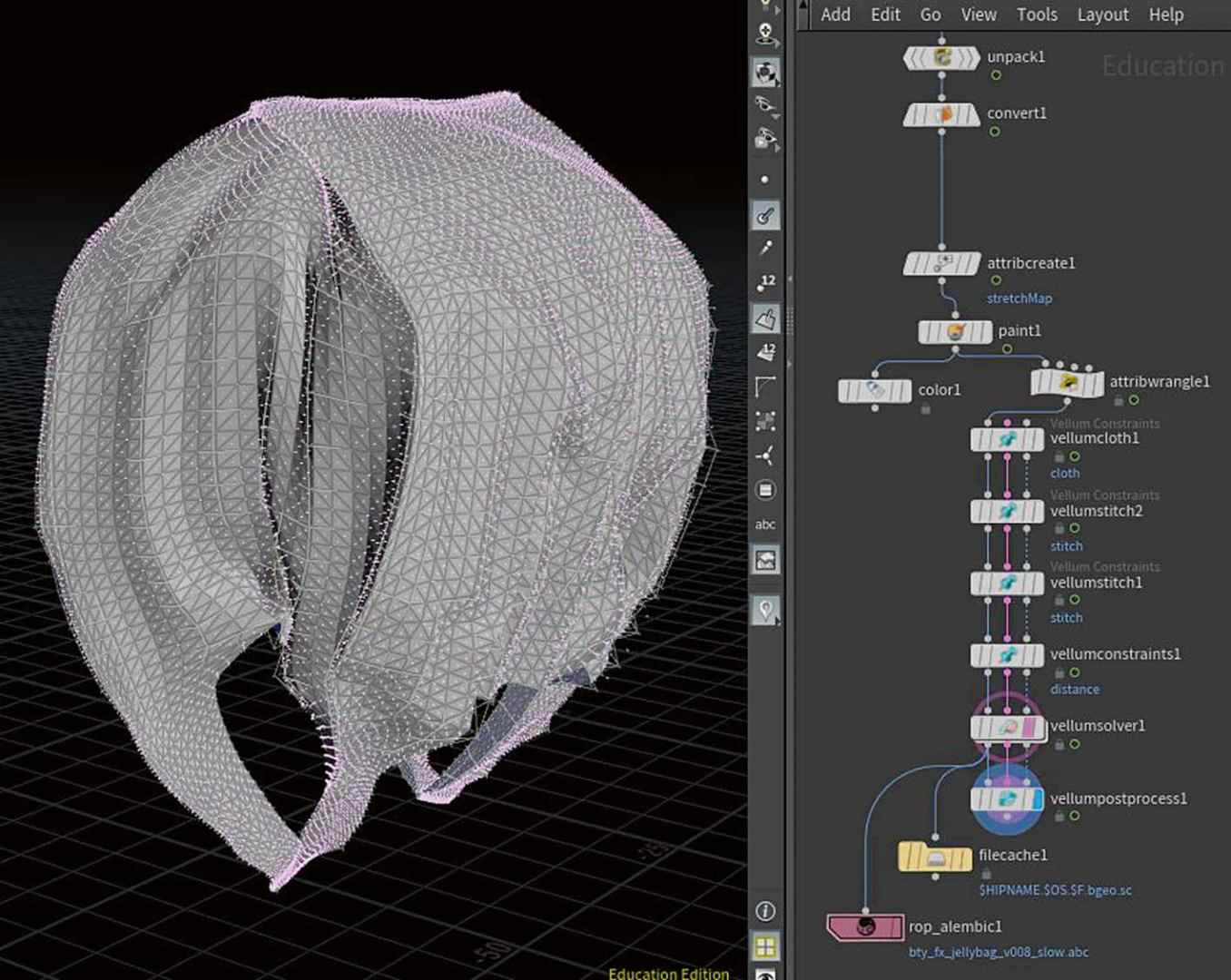 a 3d model of a headscarf displayed in a wireframe view on the left accompanied by a nodebased material editor on the right showing various parameters for customization digital production A 3D model of a headscarf displayed in a wireframe view on the left, accompanied by a node-based material editor on the right showing various parameters for customization.