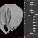 a 3d model of a headscarf displayed in a wireframe view on the left accompanied by a nodebased material editor on the right showing various parameters for customization digital production A 3D model of a headscarf displayed in a wireframe view on the left, accompanied by a node-based material editor on the right showing various parameters for customization.
