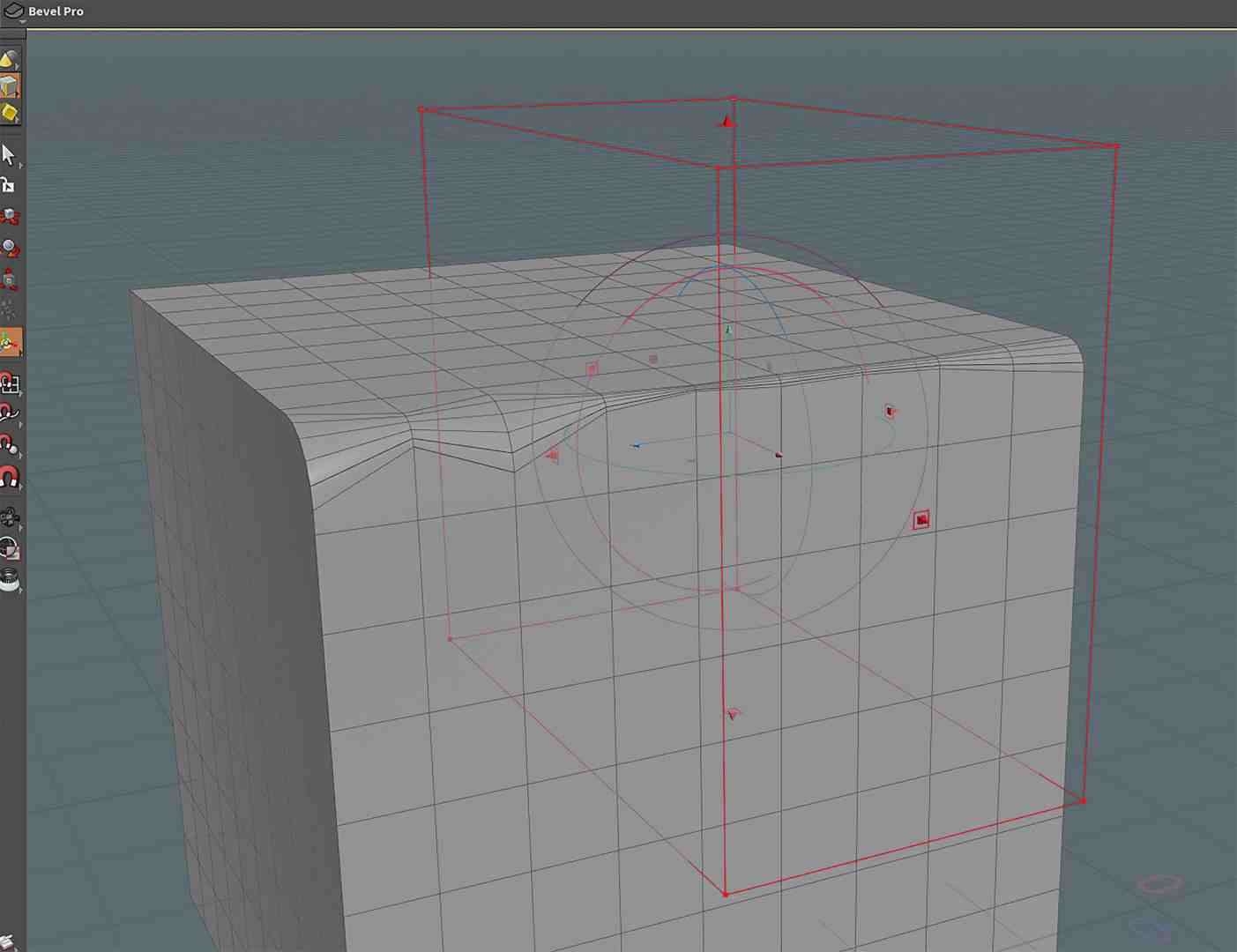 a 3d modeling software interface showing a cube with a grid pattern and red wireframe outlines indicating selection tools the workspace is light gray with a blue background digital production A 3D modeling software interface showing a cube with a grid pattern and red wireframe outlines indicating selection tools. The workspace is light gray with a blue background.
