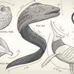 an illustration features various marine creatures including a bubble fish jelly bag tire eel a stylized pet whale and straw wood each creature has scale measurements indicated beside it in a sketched style digital production An illustration features various marine creatures, including a Bubble Fish, Jelly Bag, Tire Eel, a stylized PET Whale, and Straw Wood. Each creature has scale measurements indicated beside it, in a sketched style.