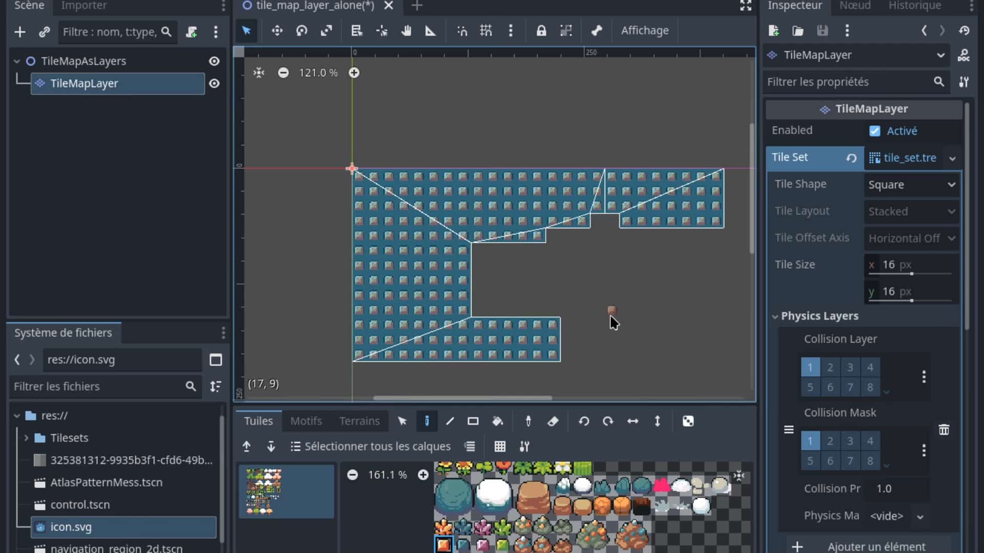 a software interface displaying a tile map layer on the left there are file management options and tilesets the central area shows a grid with blue tiles arranged in a geometric pattern and the right side displays properties and settings for the tile map layer digital production A software interface displaying a tile map layer. On the left, there are file management options and tilesets. The central area shows a grid with blue tiles arranged in a geometric pattern, and the right side displays properties and settings for the tile map layer.