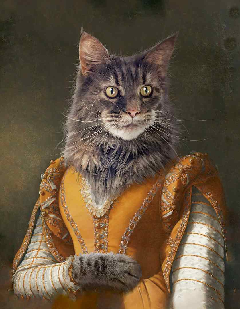 a digitally created image of a cat with a regal appearance dressed in a historical orange gown posing as a portrait subject the background is dark and textured enhancing the subjects prominent features digital production A digitally created image of a cat with a regal appearance dressed in a historical orange gown, posing as a portrait subject. The background is dark and textured, enhancing the subject's prominent features.