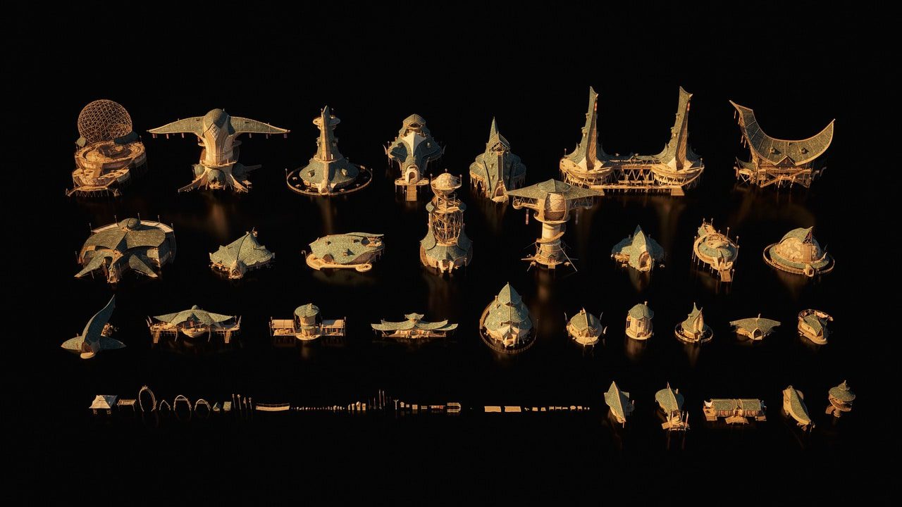 a collection of various architectural models displayed on a black surface showcasing futuristic designs and structures in different shapes and sizes each model is illuminated to highlight its features digital production A collection of various architectural models displayed on a black surface, showcasing futuristic designs and structures in different shapes and sizes. Each model is illuminated to highlight its features.