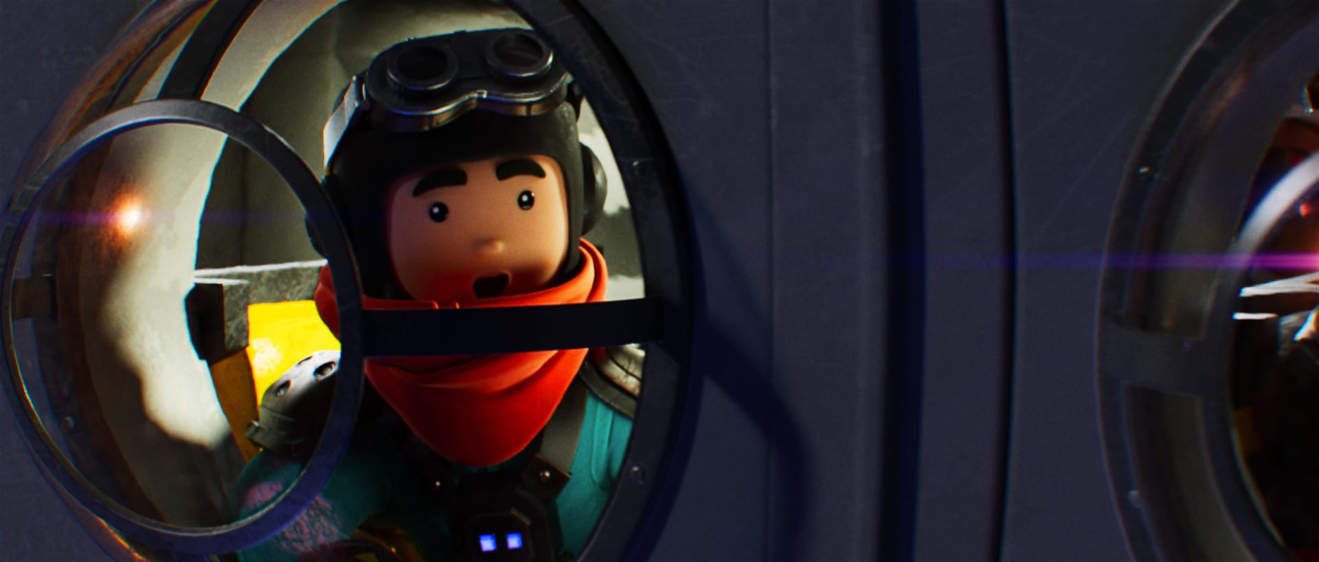 a toy figure in a spacethemed helmet and orange scarf peering out from a circular window of a space capsule the interior is detailed with control panels and equipment set against a dark background digital production A toy figure in a space-themed helmet and orange scarf, peering out from a circular window of a space capsule. The interior is detailed with control panels and equipment, set against a dark background.