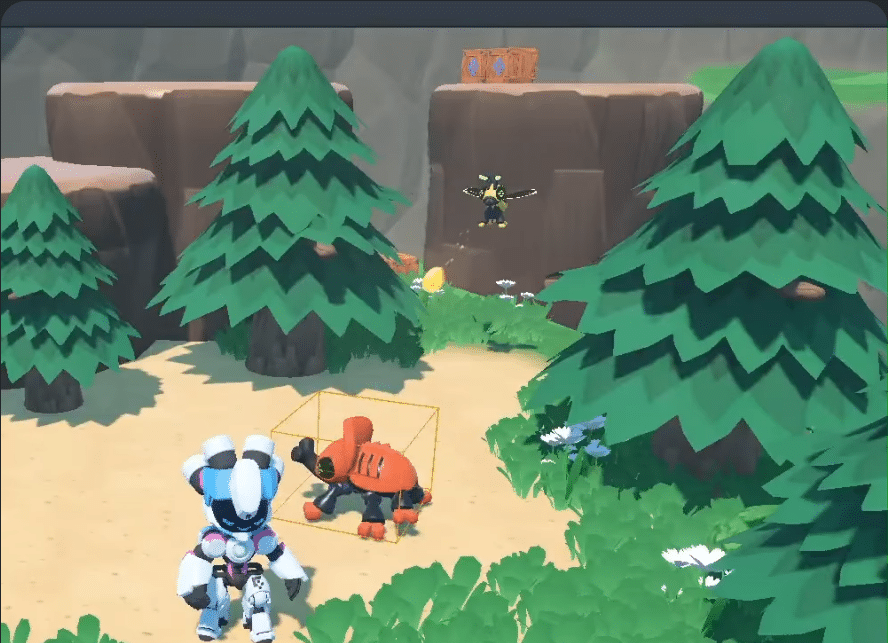a video game landscape featuring a character in a robotic suit standing on a sandy path surrounded by trees a wild creature with a red and black design is visible nearby with a box on a cliff in the background digital production A video game landscape featuring a character in a robotic suit standing on a sandy path surrounded by trees. A wild creature with a red and black design is visible nearby, with a box on a cliff in the background.