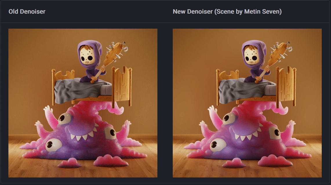two sidebyside images showing a character in a purple hoodie holding a wrench sitting on a colorful creature with arms and eyes the left image is labeled old denoiser and the right is new denoiser scene by metin seven digital production Two side-by-side images showing a character in a purple hoodie holding a wrench sitting on a colorful creature with arms and eyes. The left image is labeled 'Old Denoiser' and the right is 'New Denoiser (Scene by Metin Seven).'