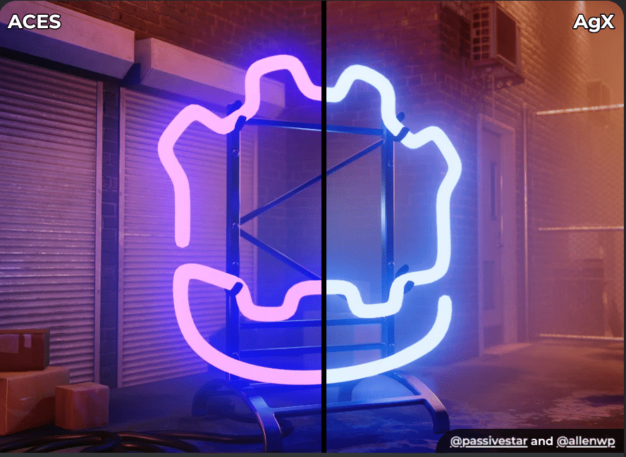 a split image showing two neon logos one on the left labeled aces in a purple glow and the right labeled agx in a blue glow both logos are illuminated against a dimly lit urban backdrop digital production A split image showing two neon logos, one on the left labeled 'ACES' in a purple glow, and the right labeled 'AgX' in a blue glow. Both logos are illuminated against a dimly lit urban backdrop.