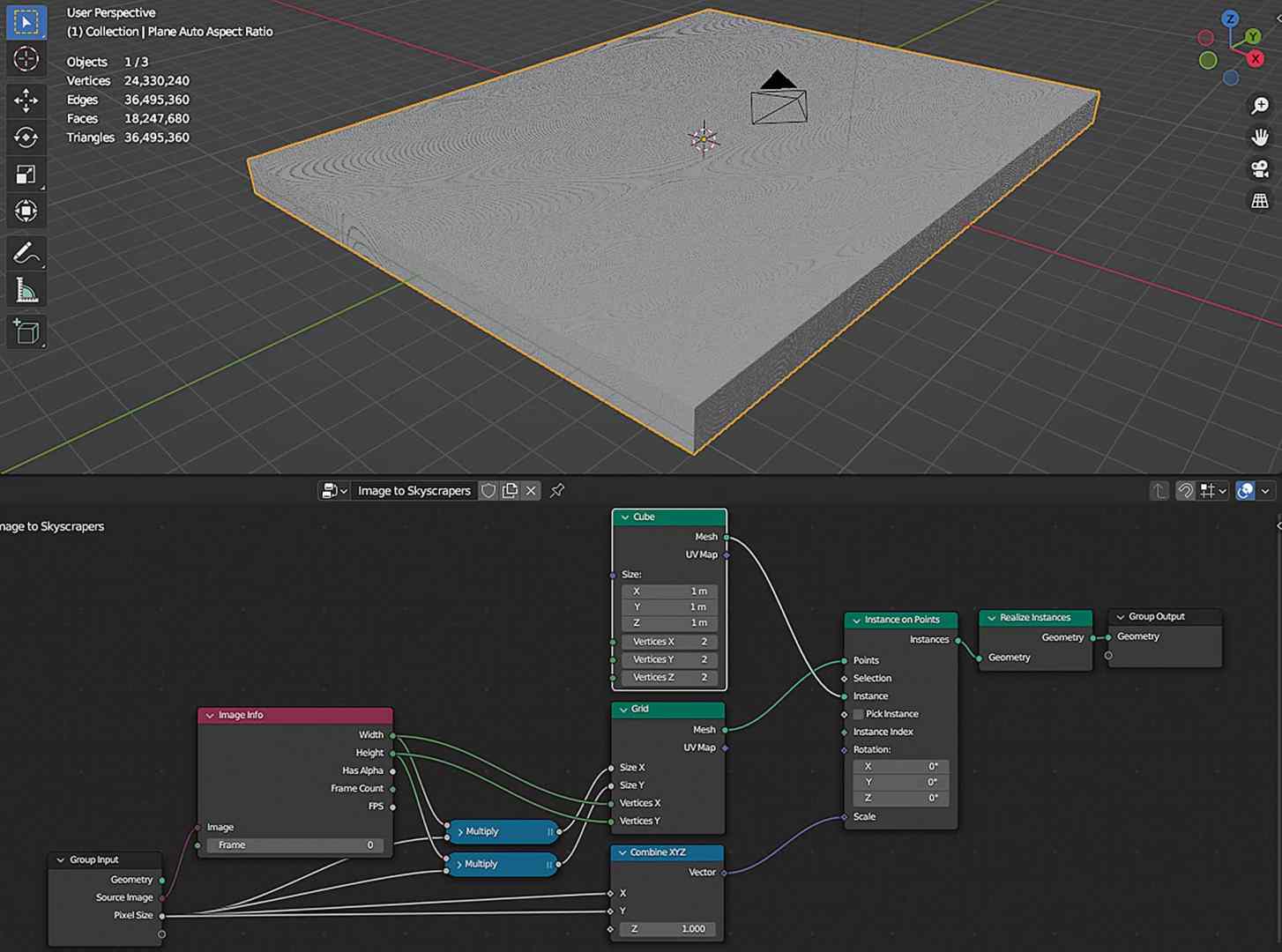 a 3d modeling workspace showing a flat textured surface and a node editor layout with various nodes connected to modify image inputs the top view displays a plane object in the viewport while the bottom shows node properties and connections digital production A 3D modeling workspace showing a flat textured surface and a node editor layout with various nodes connected to modify image inputs. The top view displays a plane object in the viewport, while the bottom shows node properties and connections.