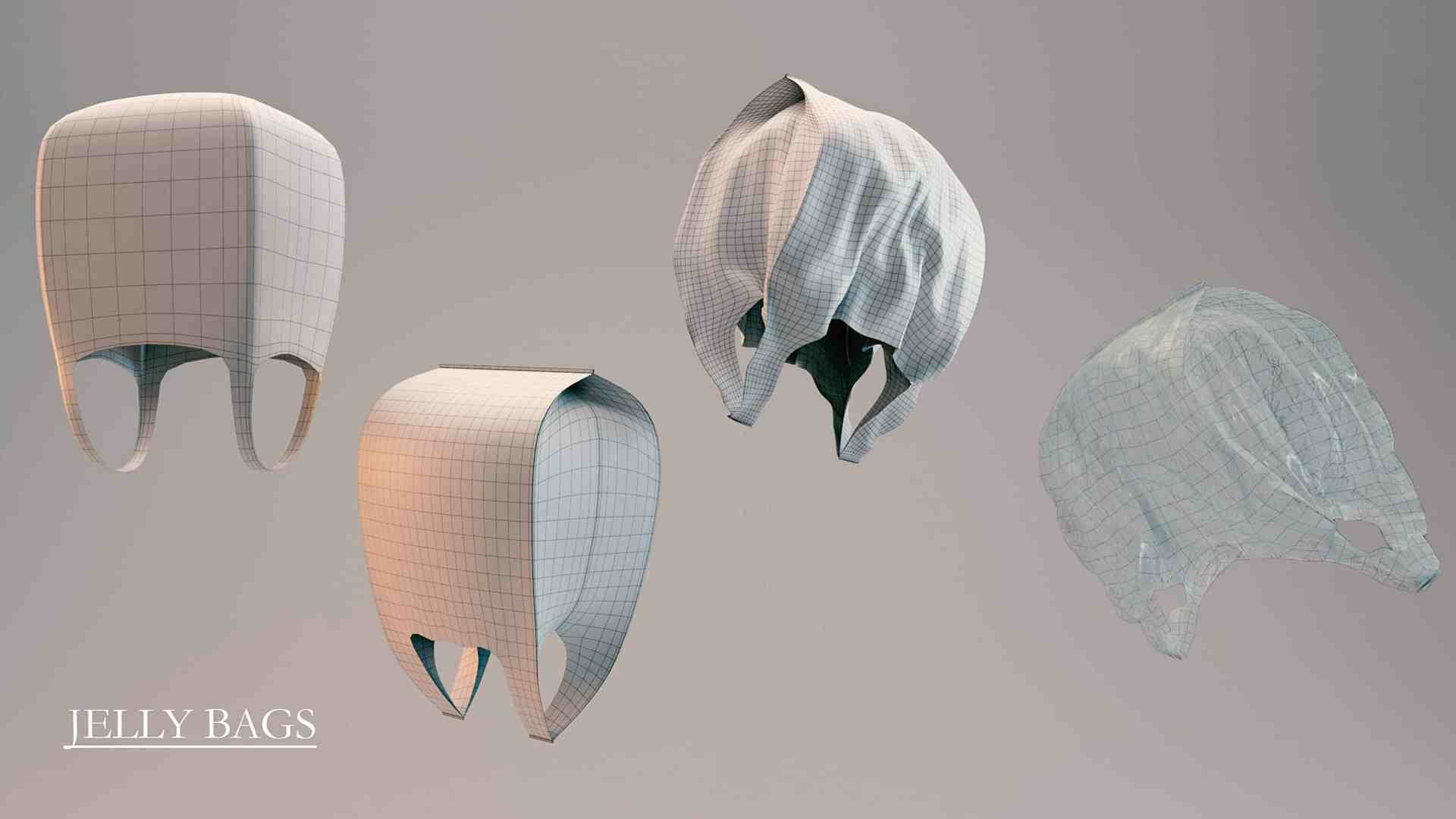 three 3drendered jelly bags displayed from different angles featuring a mesh grid overlay on two bags and a translucent appearance on the third the text jelly bags is visible in the lower left corner digital production Three 3D-rendered jelly bags displayed from different angles, featuring a mesh grid overlay on two bags and a translucent appearance on the third. The text 'JELLY BAGS' is visible in the lower left corner.