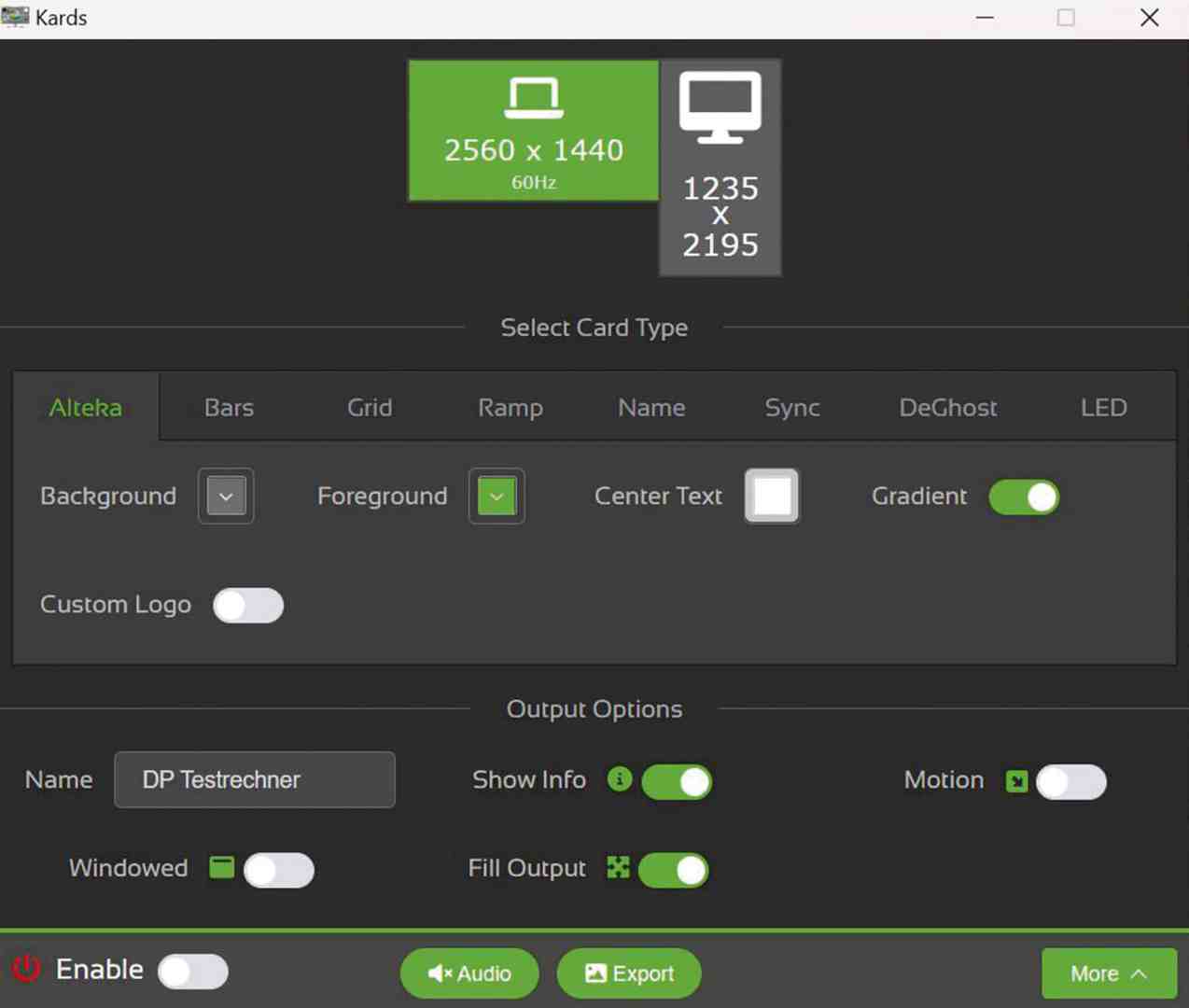 a screenshot of a software interface displaying resolution settings for a monitor it shows options for card type background foreground and output settings with toggles and fields for customization digital production A screenshot of a software interface displaying resolution settings for a monitor. It shows options for card type, background, foreground, and output settings with toggles and fields for customization.