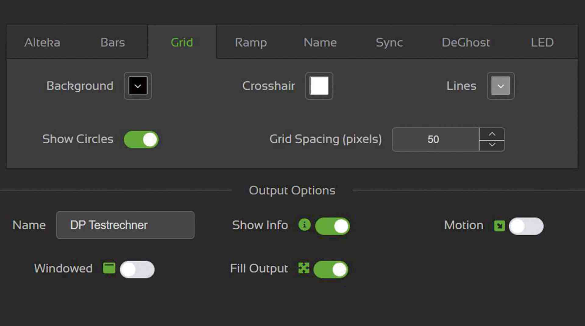 a user interface panel displaying settings for a grid in a software application features include options for background color crosshair visibility grid spacing in pixels and output options like name info display motion and fill output digital production A user interface panel displaying settings for a grid in a software application. Features include options for background color, crosshair visibility, grid spacing in pixels, and output options like name, info display, motion, and fill output.